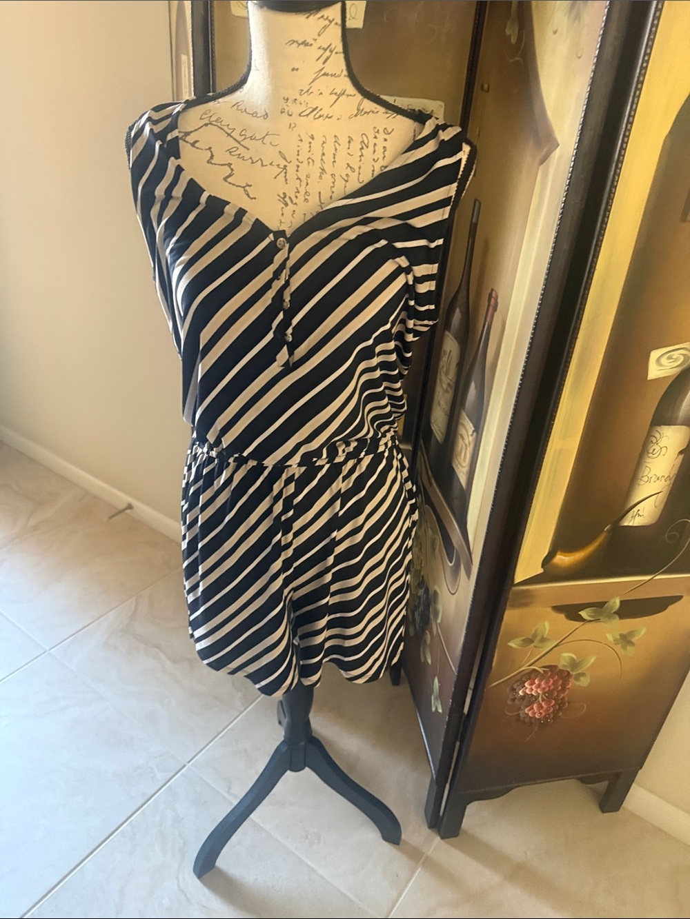 White House Black Market Black and White Diagonal Stripe all in one short set